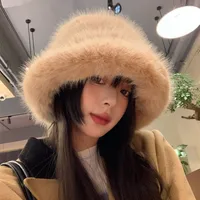 High-grade Faux Fur Mink Fur Fluffy Fisherman Hat Lady Style Big Head Circumference Plush Hat Winter Warm Pullover Hat main image 2