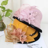 Woolen Hat Women's Autumn And Winter British Socialite Feather Mesh Bowler Hat Korean Casual  Fisherman Hat Basin Hat Trendy main image 1