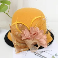 Woolen Hat Women's Autumn And Winter British Socialite Feather Mesh Bowler Hat Korean Casual  Fisherman Hat Basin Hat Trendy sku image 1