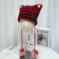 Japanese Style Cute Little Devil Cat Ear Fur Ball Wool Hat Women's Autumn And Winter Warm Small Face Ear Protection Knitted Hat main image 1