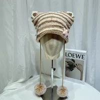 Japanese Style Cute Little Devil Cat Ear Fur Ball Wool Hat Women's Autumn And Winter Warm Small Face Ear Protection Knitted Hat main image 2