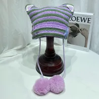 Japanese Style Cute Little Devil Cat Ear Fur Ball Wool Hat Women's Autumn And Winter Warm Small Face Ear Protection Knitted Hat sku image 2