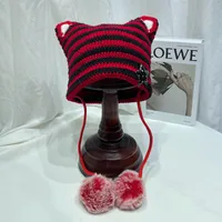 Japanese Style Cute Little Devil Cat Ear Fur Ball Wool Hat Women's Autumn And Winter Warm Small Face Ear Protection Knitted Hat sku image 3
