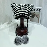 Japanese Style Cute Little Devil Cat Ear Fur Ball Wool Hat Women's Autumn And Winter Warm Small Face Ear Protection Knitted Hat sku image 4