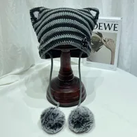 Japanese Style Cute Little Devil Cat Ear Fur Ball Wool Hat Women's Autumn And Winter Warm Small Face Ear Protection Knitted Hat sku image 5