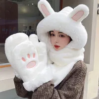 Hat Women's Winter Ear Protection Hat With Velvet Thickened Hat Scarf Three-piece Gloves One-piece Hooded Rabbit Ear Cute main image 1