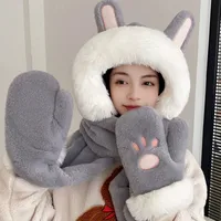 Hat Women's Winter Ear Protection Hat With Velvet Thickened Hat Scarf Three-piece Gloves One-piece Hooded Rabbit Ear Cute main image 2
