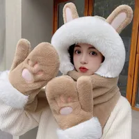 Hat Women's Winter Ear Protection Hat With Velvet Thickened Hat Scarf Three-piece Gloves One-piece Hooded Rabbit Ear Cute main image 3