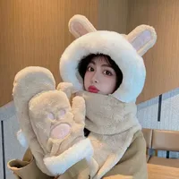 Hat Women's Winter Ear Protection Hat With Velvet Thickened Hat Scarf Three-piece Gloves One-piece Hooded Rabbit Ear Cute main image 4