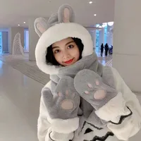 Hat Women's Winter Ear Protection Hat With Velvet Thickened Hat Scarf Three-piece Gloves One-piece Hooded Rabbit Ear Cute sku image 4