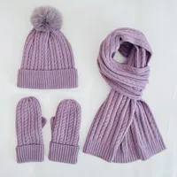 Winter Women's Knitted Hat Scarf Gloves Three-piece Set New Solid Color Plus Velvet Wool Hat Warm Suit main image 4