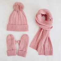 Winter Women's Knitted Hat Scarf Gloves Three-piece Set New Solid Color Plus Velvet Wool Hat Warm Suit sku image 1