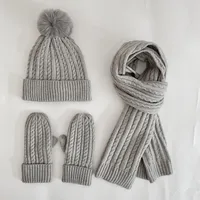 Winter Women's Knitted Hat Scarf Gloves Three-piece Set New Solid Color Plus Velvet Wool Hat Warm Suit sku image 3