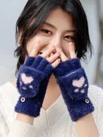 Winter Half Finger Flip Knitted Gloves Imitation Mink Velvet Warm Covered Cat Claw Gloves Women's New Gloves Wholesale main image 3