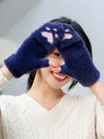 Winter Half Finger Flip Knitted Gloves Imitation Mink Velvet Warm Covered Cat Claw Gloves Women's New Gloves Wholesale main image 4