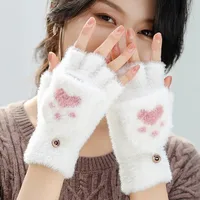 Winter Half Finger Flip Knitted Gloves Imitation Mink Velvet Warm Covered Cat Claw Gloves Women's New Gloves Wholesale sku image 1