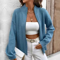 Autumn Winter Women's Knitted Pure Color Stand Collar Sweater Casual Style Long Sleeve Loose Fit Zipper Design Fashion Outerwear main image 1