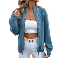 Autumn Winter Women's Knitted Pure Color Stand Collar Sweater Casual Style Long Sleeve Loose Fit Zipper Design Fashion Outerwear main image 5