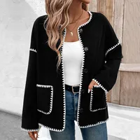 Casual Oversized Fleece Lined Open Cardigan Women's Autumn Winter Coat Color Block Trim  Style Long Sleeve main image 3