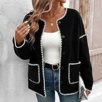 Casual Oversized Fleece Lined Open Cardigan Women's Autumn Winter Coat Color Block Trim  Style Long Sleeve main image 1