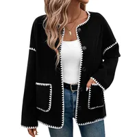 Casual Oversized Fleece Lined Open Cardigan Women's Autumn Winter Coat Color Block Trim  Style Long Sleeve main image 5