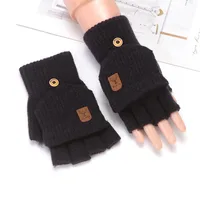 Flip Half Finger Gloves Embroidered Winter Cold-proof Warm Fleece-lined Thickened Warm Wool Knitted Jacquard Gloves For Couple sku image 4
