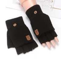 Flip Half Finger Gloves Embroidered Winter Cold-proof Warm Fleece-lined Thickened Warm Wool Knitted Jacquard Gloves For Couple sku image 1