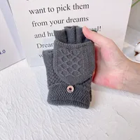Korean Style Simple Adult Warm Gloves Men's Winter Knitted Fleece Pulled Half Finger Flip Riding Driving Business sku image 2