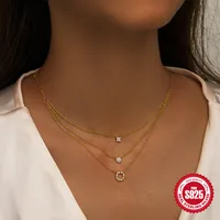 Sterling Silver Zircon Plating Geometric Three Layer Necklace main image 3