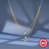 Sterling Silver Zircon Plating Geometric Three Layer Necklace main image 4