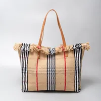 Women's Cotton Lattice Solid Color Vintage Style Square Magnetic Buckle Tote Bag sku image 11