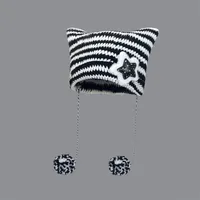 Yabi Style Handmade Cute Five-star Cat Ears Striped Devil Warm Pullover Hat Knitted Ball Wool Hat For Women main image 1