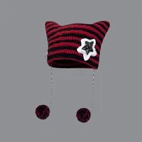 Yabi Style Handmade Cute Five-star Cat Ears Striped Devil Warm Pullover Hat Knitted Ball Wool Hat For Women main image 3
