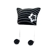 Yabi Style Handmade Cute Five-star Cat Ears Striped Devil Warm Pullover Hat Knitted Ball Wool Hat For Women main image 4