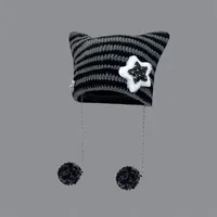 Yabi Style Handmade Cute Five-star Cat Ears Striped Devil Warm Pullover Hat Knitted Ball Wool Hat For Women sku image 3