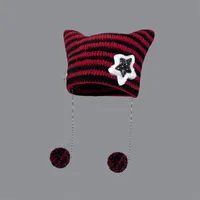 Yabi Style Handmade Cute Five-star Cat Ears Striped Devil Warm Pullover Hat Knitted Ball Wool Hat For Women sku image 1