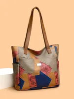 Women's Pu Leather Color Block Vintage Style Classic Style Sewing Thread Square Zipper Shoulder Bag Tote Bag sku image 2