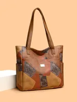 Women's Pu Leather Color Block Vintage Style Classic Style Sewing Thread Square Zipper Shoulder Bag Tote Bag sku image 1