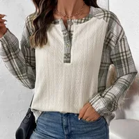 Women's Long Sleeve Round Neck T-Shirt Autumn Winter Plaid Patchwork Casual Style Comfortable Cotton Blend Top main image 3