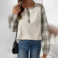 Women's Long Sleeve Round Neck T-Shirt Autumn Winter Plaid Patchwork Casual Style Comfortable Cotton Blend Top main image 1