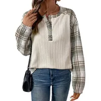 Women's Long Sleeve Round Neck T-Shirt Autumn Winter Plaid Patchwork Casual Style Comfortable Cotton Blend Top main image 5