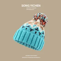 Warm Blue Knitted Hat Female  Fashion Brand Colorful Fur Ball Christmas Hat Autumn And Winter  Ear Protection Wool Hat main image 3