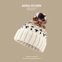 Warm Blue Knitted Hat Female  Fashion Brand Colorful Fur Ball Christmas Hat Autumn And Winter  Ear Protection Wool Hat sku image 5