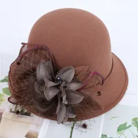 Women's Woolen Autumn And Winter New Dome Bowler Hat Female British Hepburn Style Yarn Flower Basin Hat Flat Brim Elegant Felt Hat main image 1