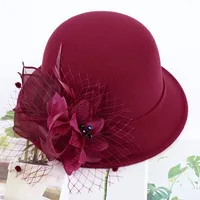 Women's Woolen Autumn And Winter New Dome Bowler Hat Female British Hepburn Style Yarn Flower Basin Hat Flat Brim Elegant Felt Hat main image 2