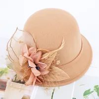 Women's Woolen Autumn And Winter New Dome Bowler Hat Female British Hepburn Style Yarn Flower Basin Hat Flat Brim Elegant Felt Hat sku image 5