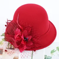 Women's Woolen Autumn And Winter New Dome Bowler Hat Female British Hepburn Style Yarn Flower Basin Hat Flat Brim Elegant Felt Hat sku image 3