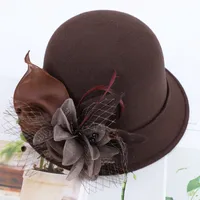 Women's Woolen Autumn And Winter New Dome Bowler Hat Female British Hepburn Style Yarn Flower Basin Hat Flat Brim Elegant Felt Hat sku image 6