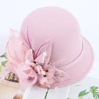 Women's Woolen Autumn And Winter New Dome Bowler Hat Female British Hepburn Style Yarn Flower Basin Hat Flat Brim Elegant Felt Hat sku image 7