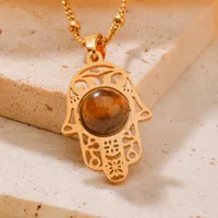 304 Stainless Steel K Gold Plated Rhodium Plated Elegant Streetwear Inlay Palm Natural Stone Pendant Necklace main image 3